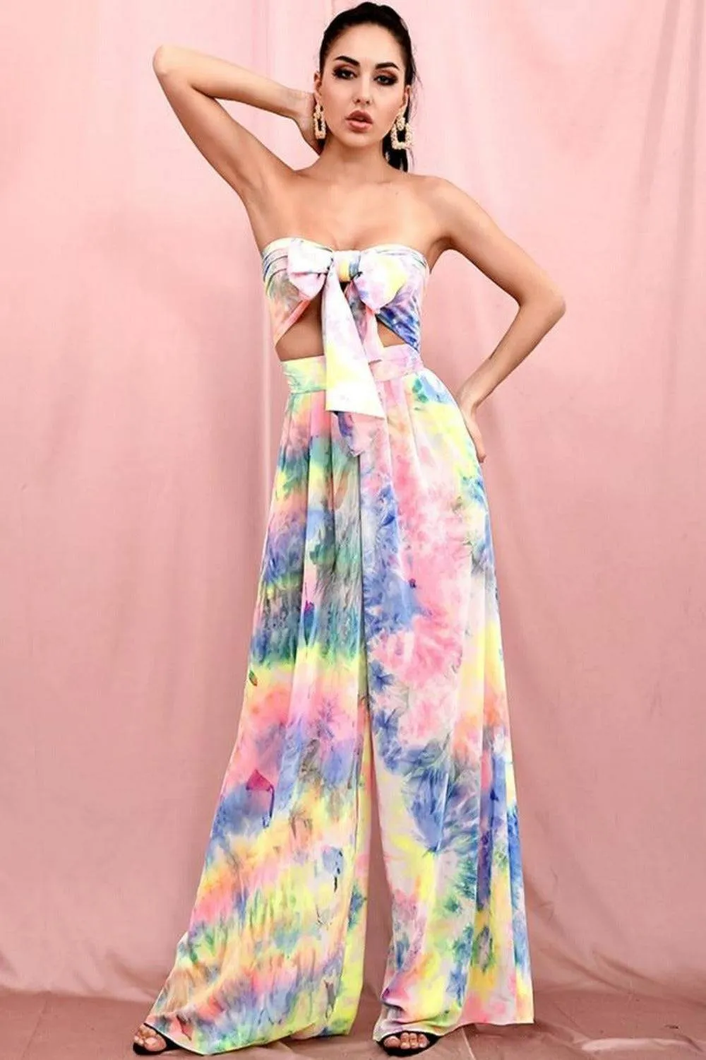 Tie Dye Strapless Tie Front High Waist Wide Leg Jumpsuit Pants Set