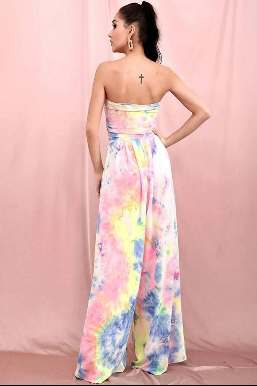 Tie Dye Strapless Tie Front High Waist Wide Leg Jumpsuit Pants Set