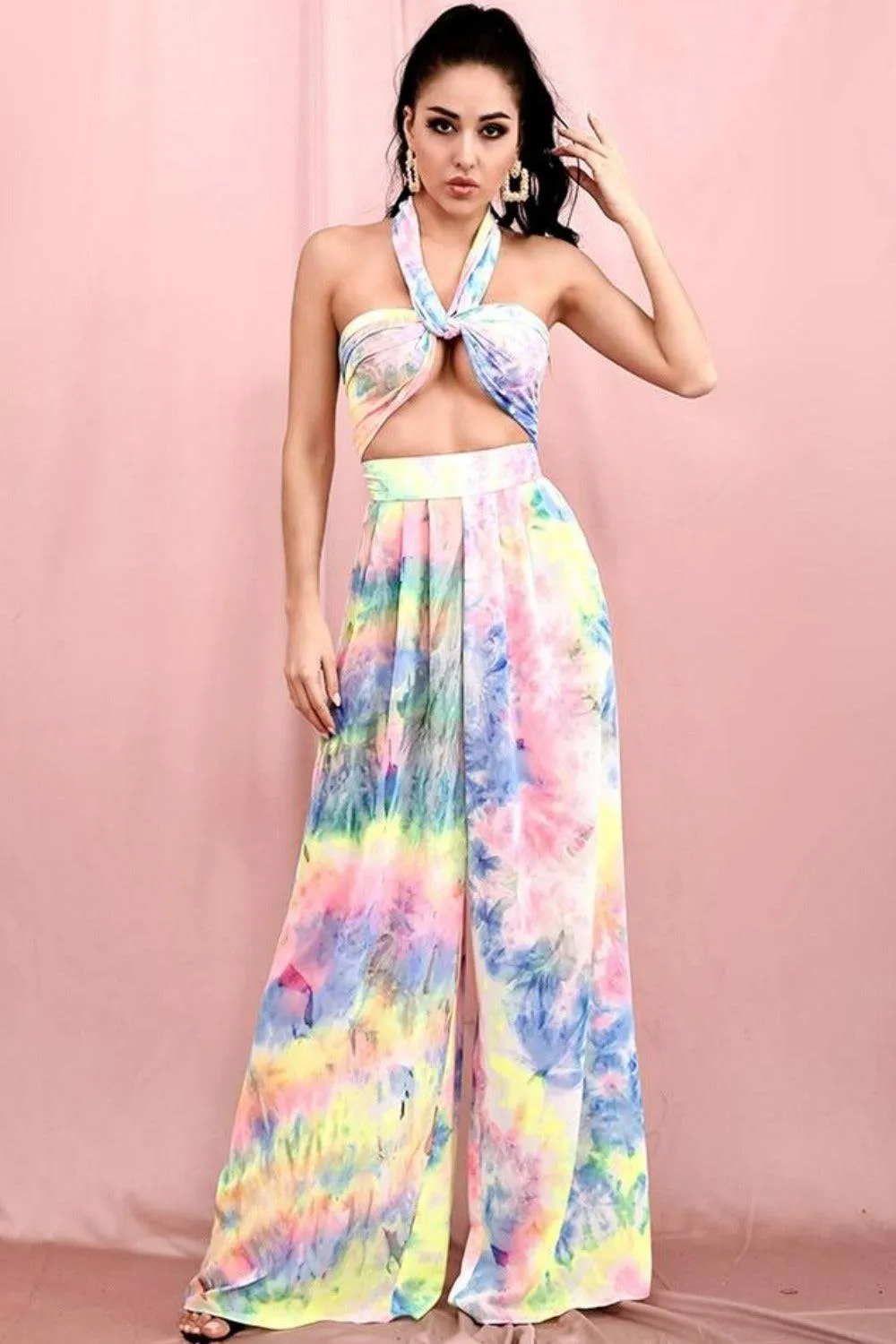 Tie Dye Strapless Tie Front High Waist Wide Leg Jumpsuit Pants Set
