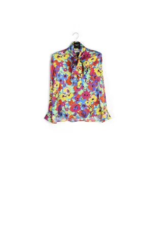 Turquoise multifloral silk bowtie shirt