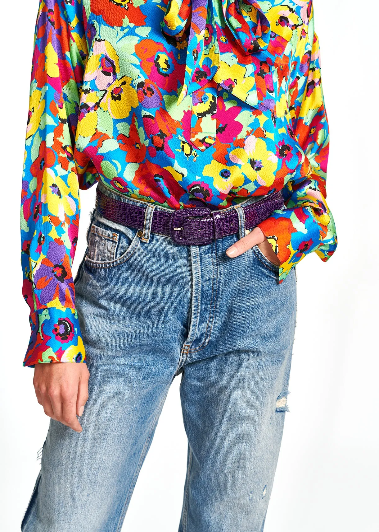 Turquoise multifloral silk bowtie shirt