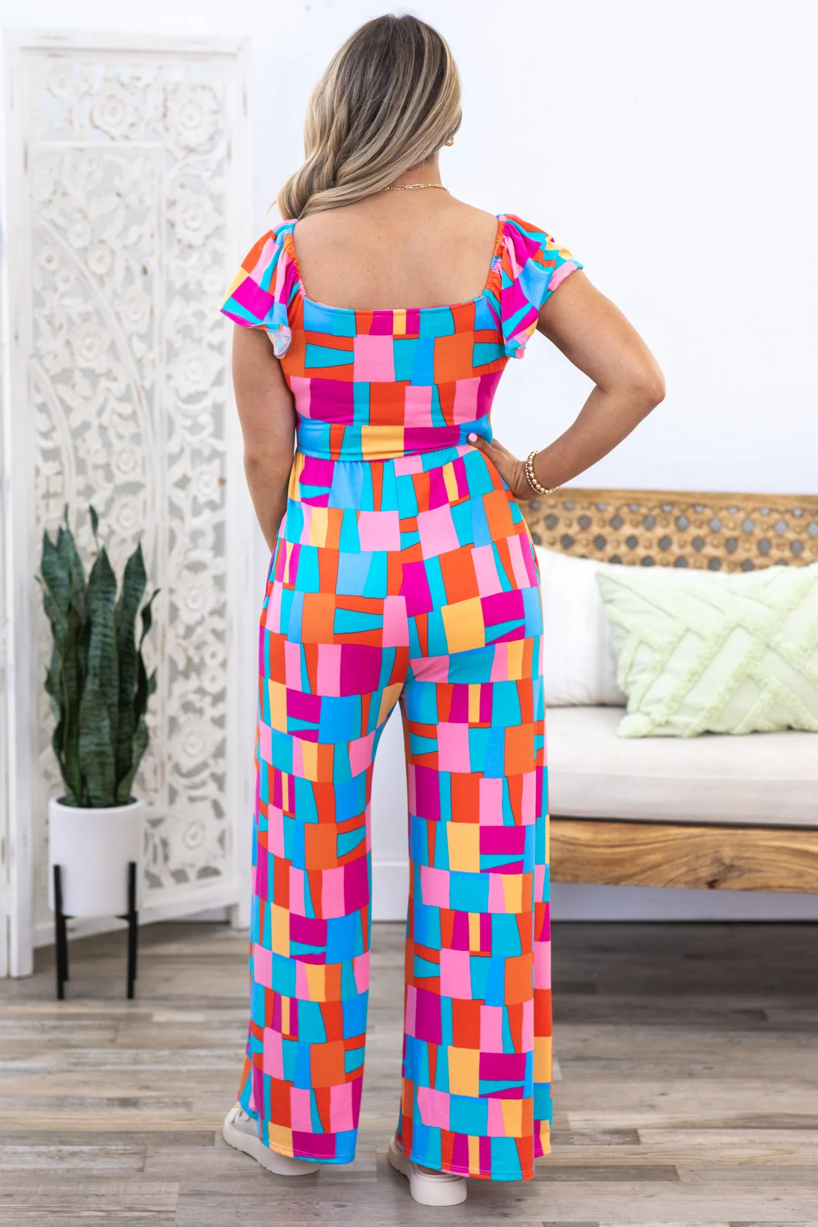 Turquoise Wide Leg Geometric Jumpsuit