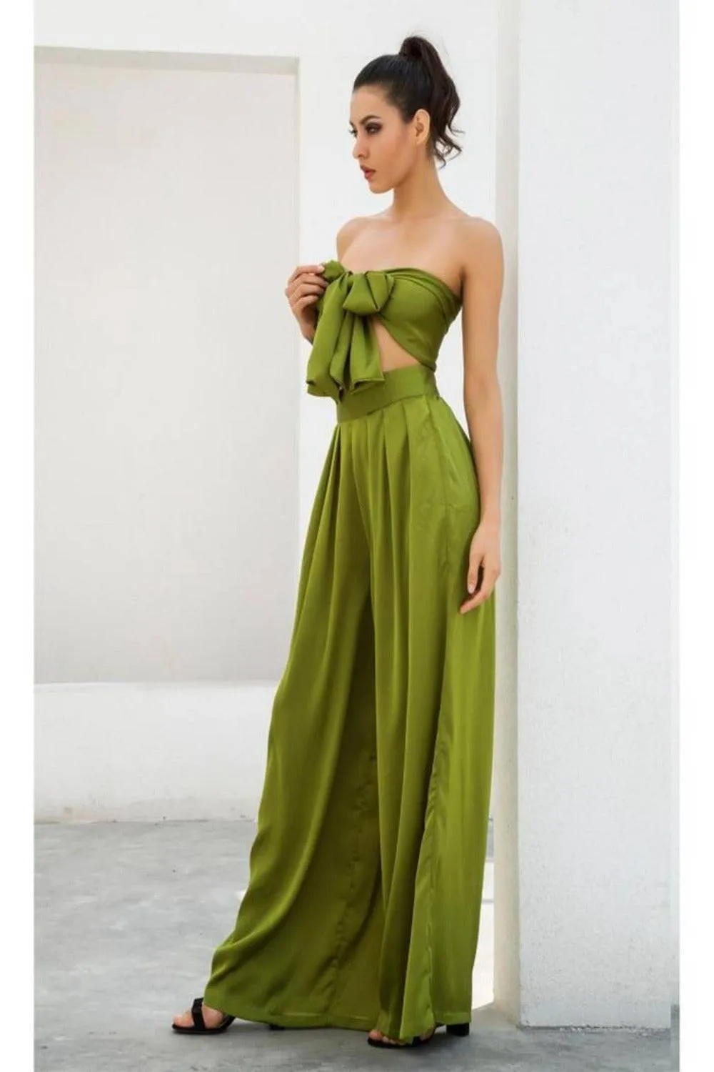 Two-Piece Silky Strapless Tie Front High Waist Wide Leg Pants Set - Green