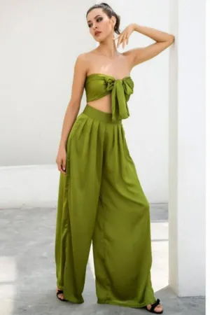 Two-Piece Silky Strapless Tie Front High Waist Wide Leg Pants Set - Green