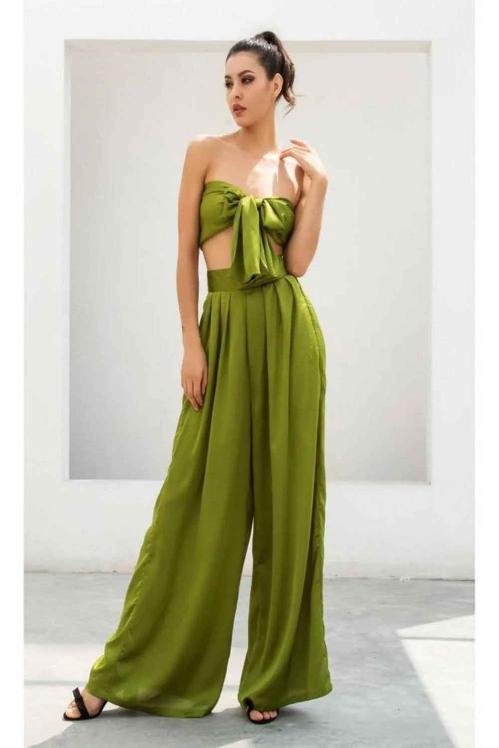 Two-Piece Silky Strapless Tie Front High Waist Wide Leg Pants Set - Green