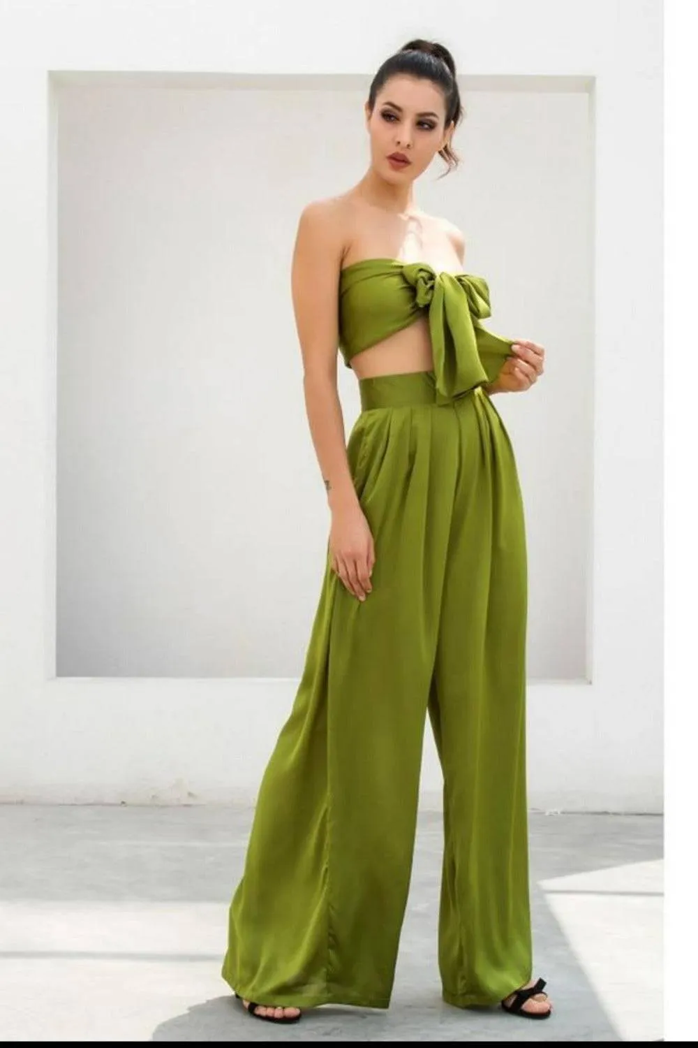 Two-Piece Silky Strapless Tie Front High Waist Wide Leg Pants Set - Green