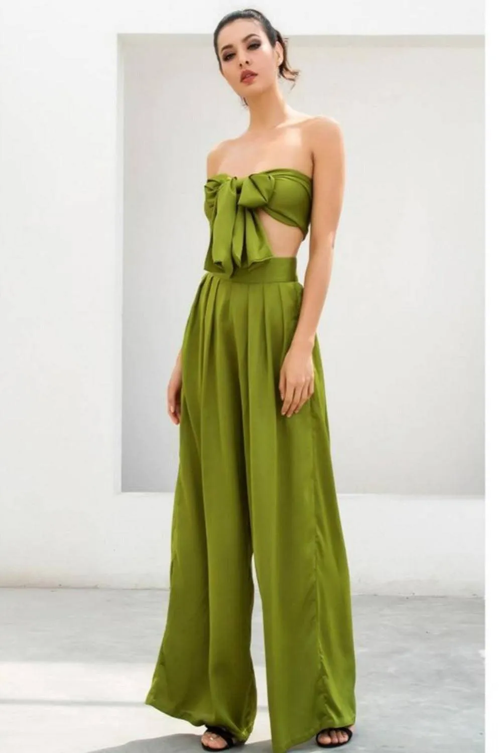 Two-Piece Silky Strapless Tie Front High Waist Wide Leg Pants Set - Green