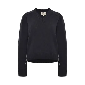 V-Neck Draped Knit Sweater in Navy