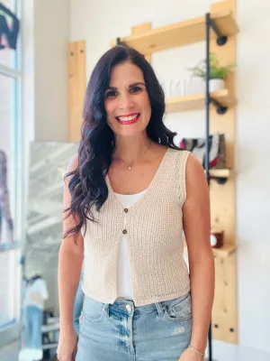V Neck Front Button Crochet Vest - Natural