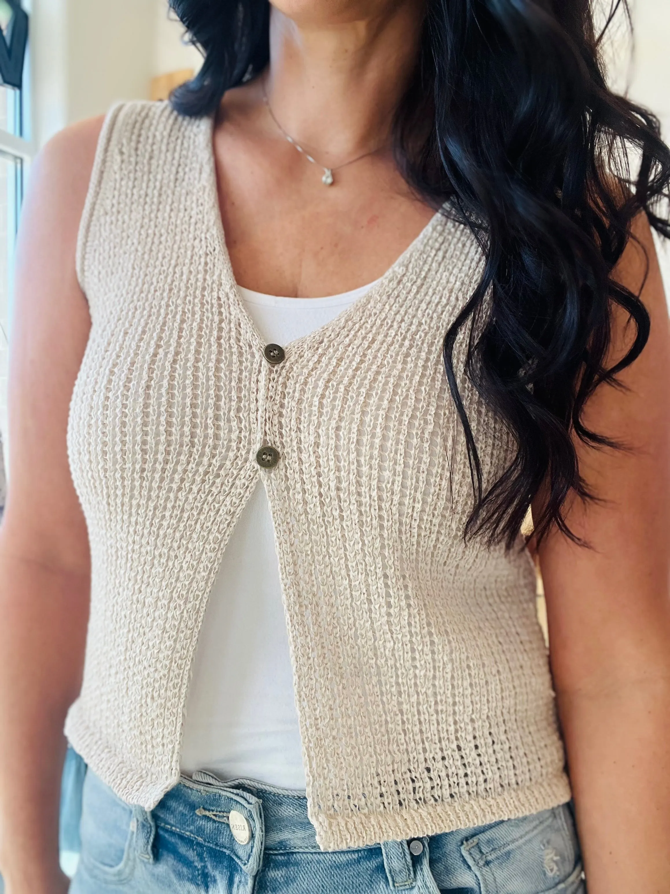 V Neck Front Button Crochet Vest - Natural