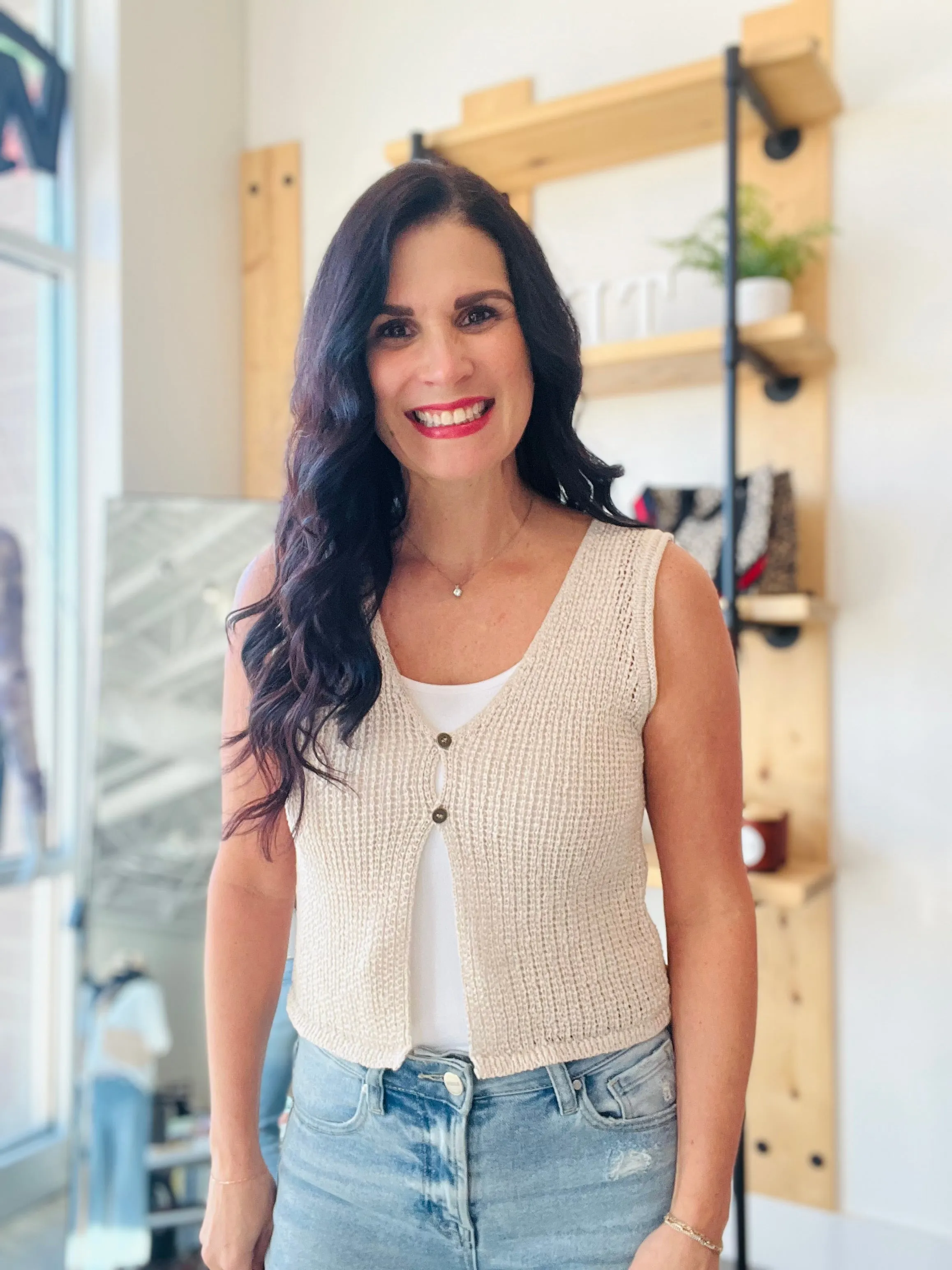 V Neck Front Button Crochet Vest - Natural
