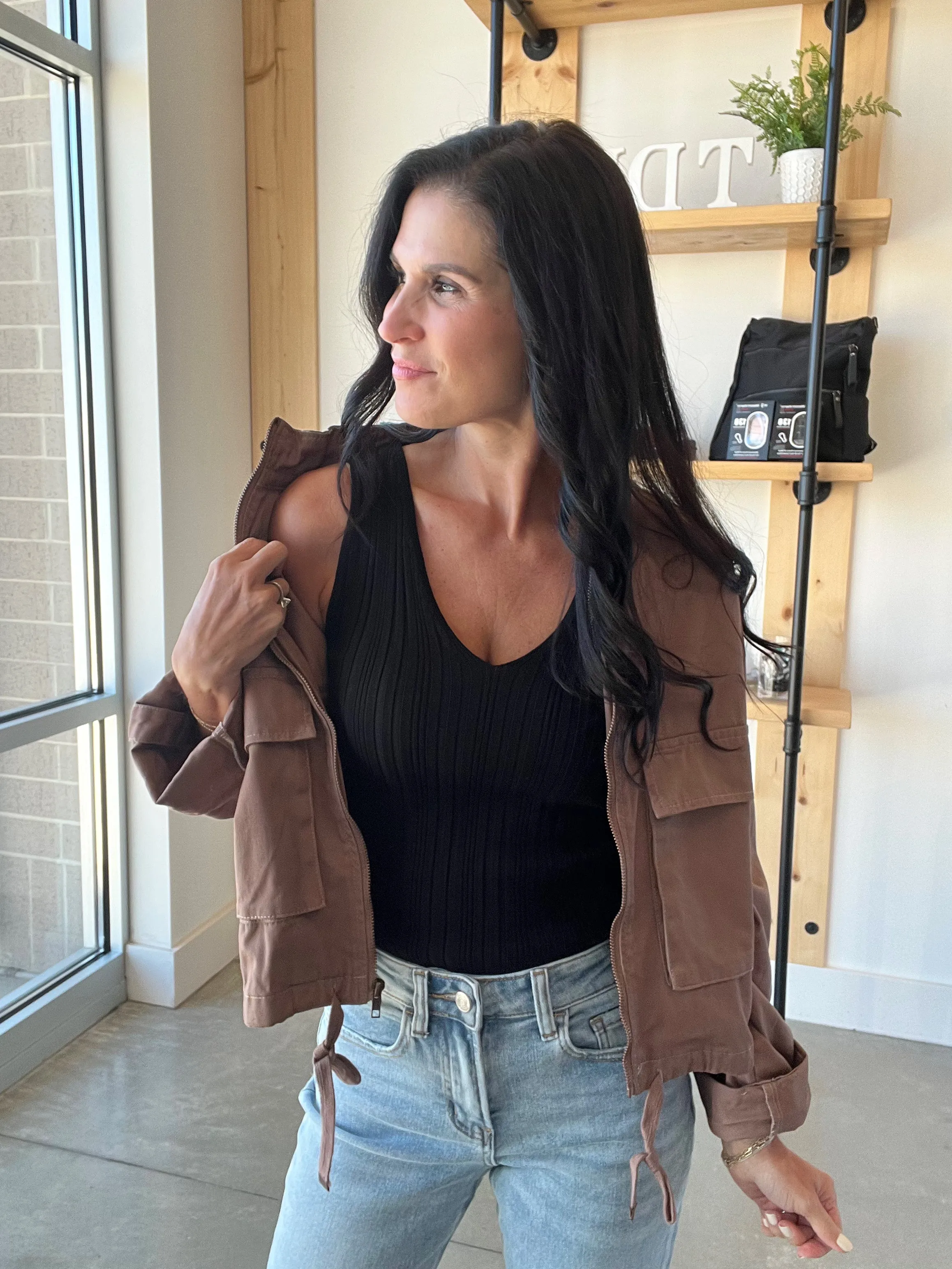 V Neck Sweater Knit Top in Black