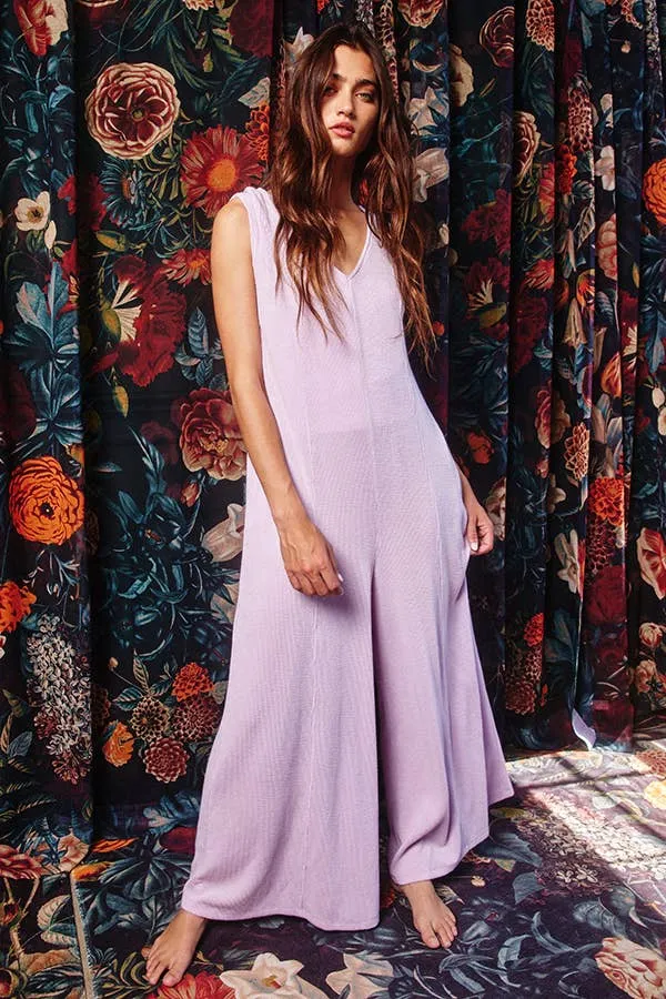 V-neck Wide Leg Solid Knit Jumpsuit