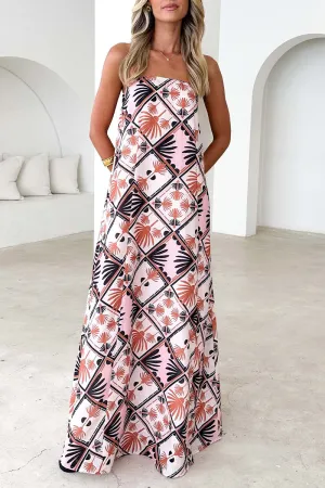Vacation Floral Print Zipper Contrast Strapless Long Dresses