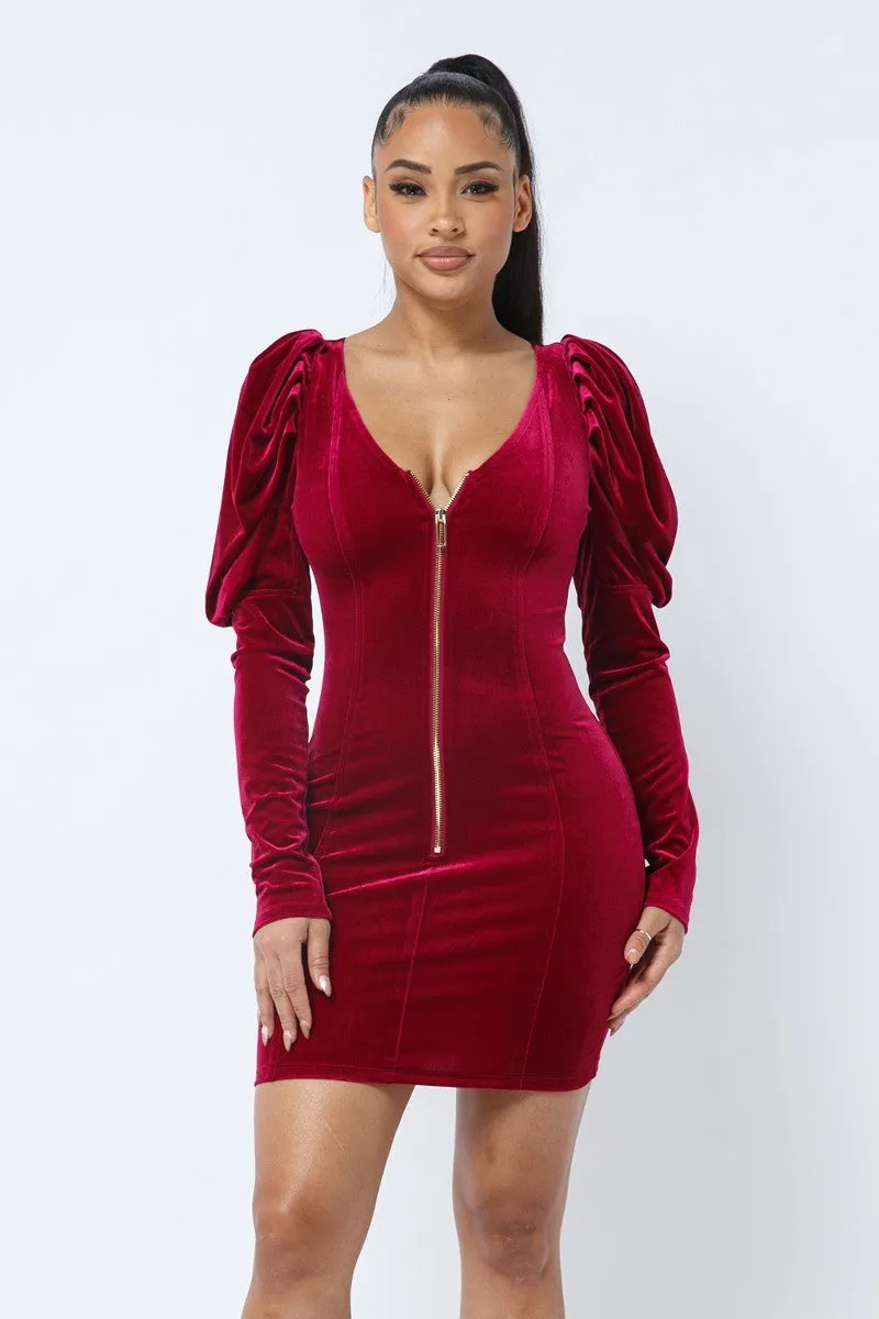 Velvet Puff Sleeve Mini Dress