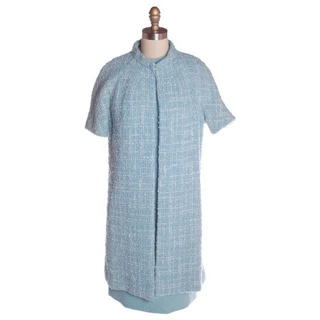Vintage Blue Wool Tweed Dress & Coat Set 1960s B.H. Wragge Small