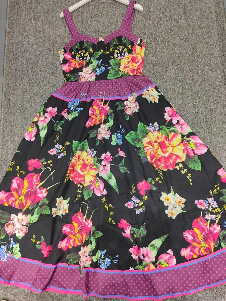 Vintage Print Splicing Polka Dot Halter Dress