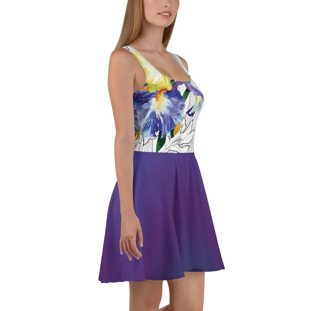 Watercolor Iris on Purple - Skater Dress