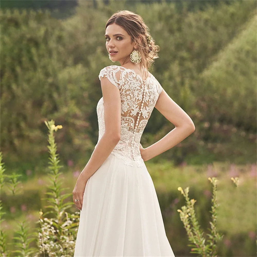 Wedding Dress A Line Cap Sleeves Illusion Back For Women V Neck Bridal Gowns
