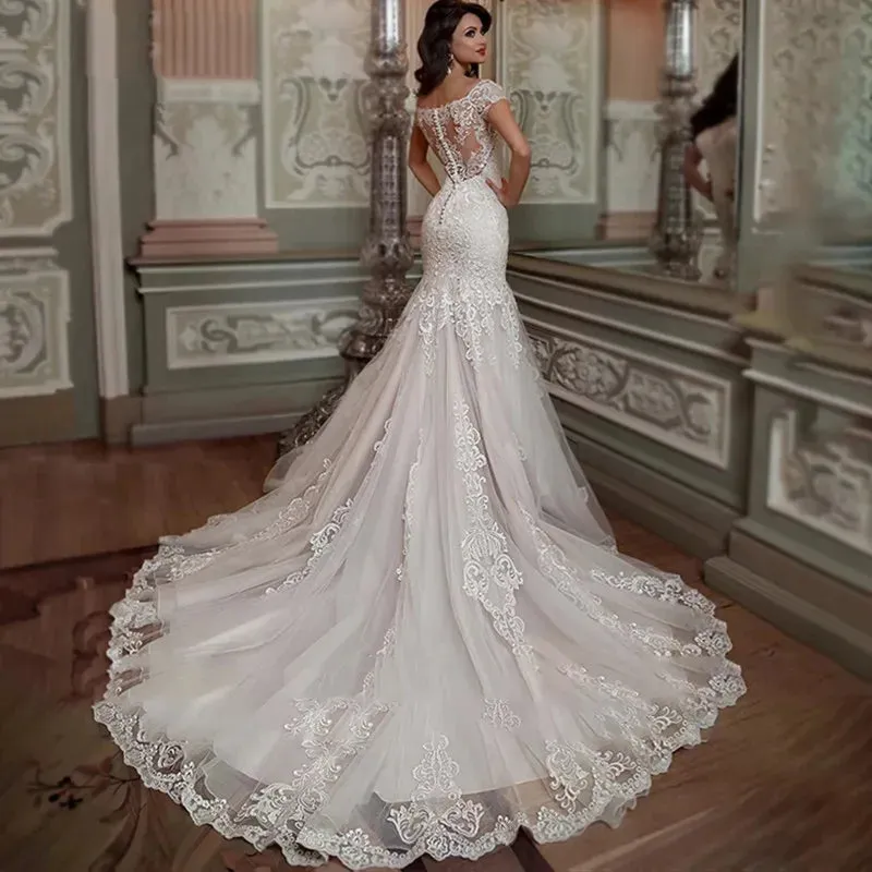 Wedding Dress Short Sleeves Lace Appliques Elegant Boat Neck Bride Gown