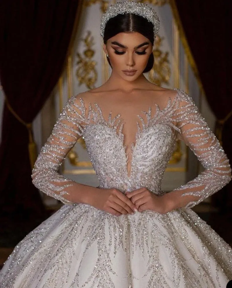 Wedding Dresses Ball Gown Arabian Sheer Neck Full Sleeves Sequins