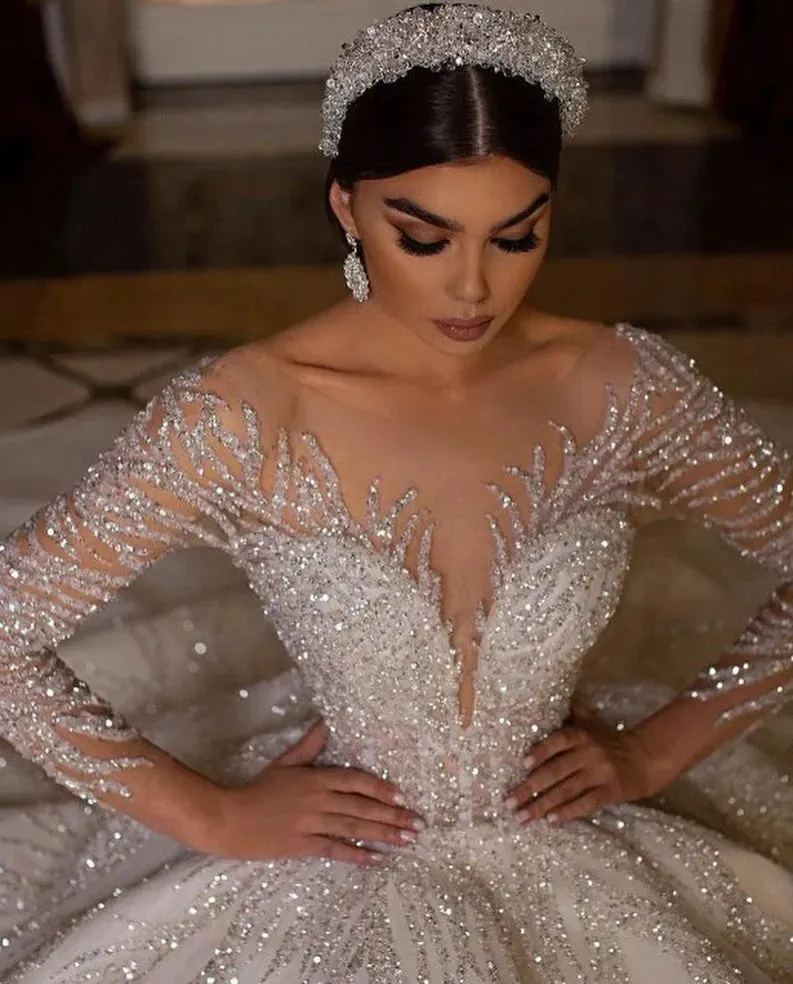 Wedding Dresses Ball Gown Arabian Sheer Neck Full Sleeves Sequins