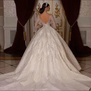 Wedding Dresses Ball Gown Arabian Sheer Neck Full Sleeves Sequins
