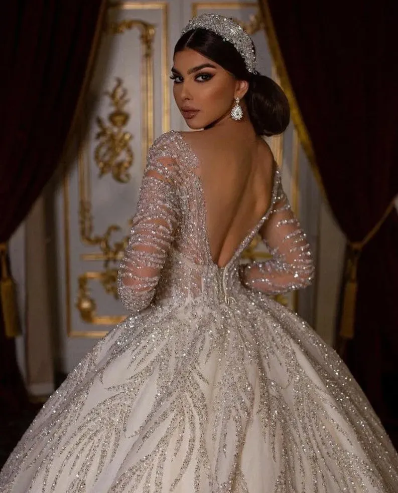 Wedding Dresses Ball Gown Arabian Sheer Neck Full Sleeves Sequins