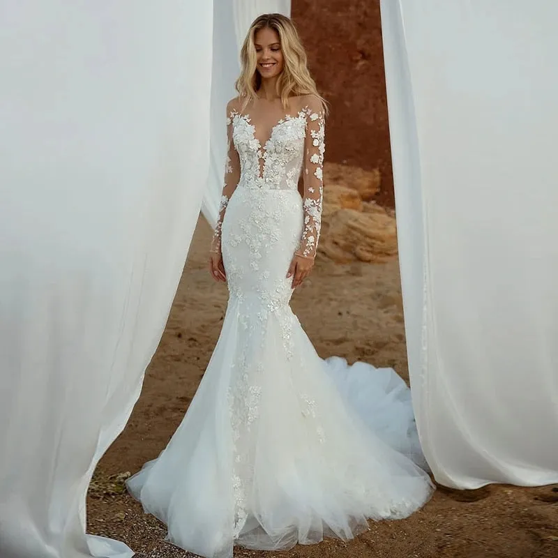 Wedding Dresses Elegant Women V-Neck Mermaid Detachable
