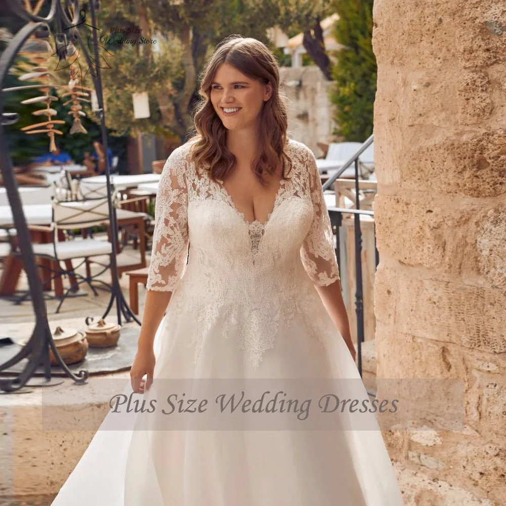 Wedding Dresses Plus Size V-Neck 3/4 Sleeves Bride Gowns Appliques