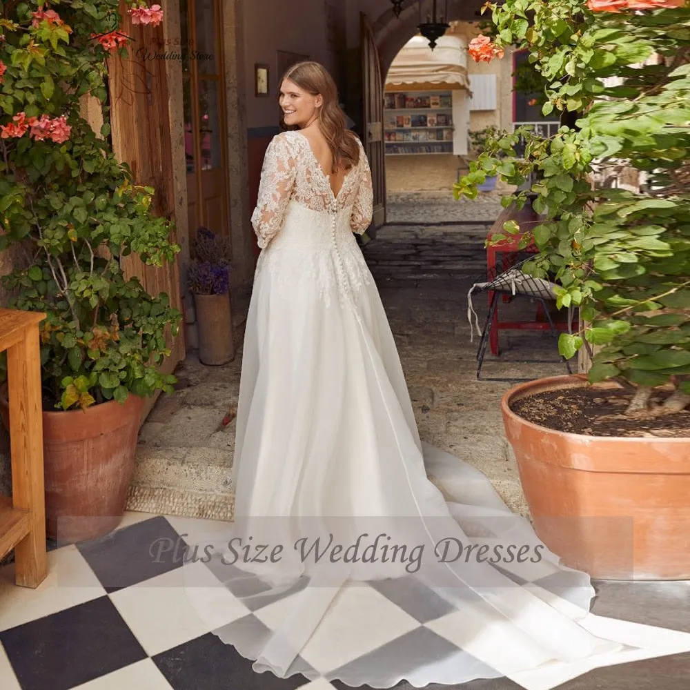 Wedding Dresses Plus Size V-Neck 3/4 Sleeves Bride Gowns Appliques