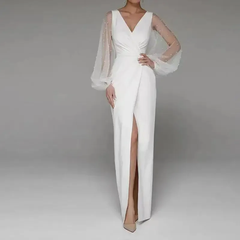 Wedding Dresses With Illusion Long Sleeve Classic V-neck Floor-length