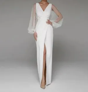 Wedding Dresses With Illusion Long Sleeve Classic V-neck Floor-length