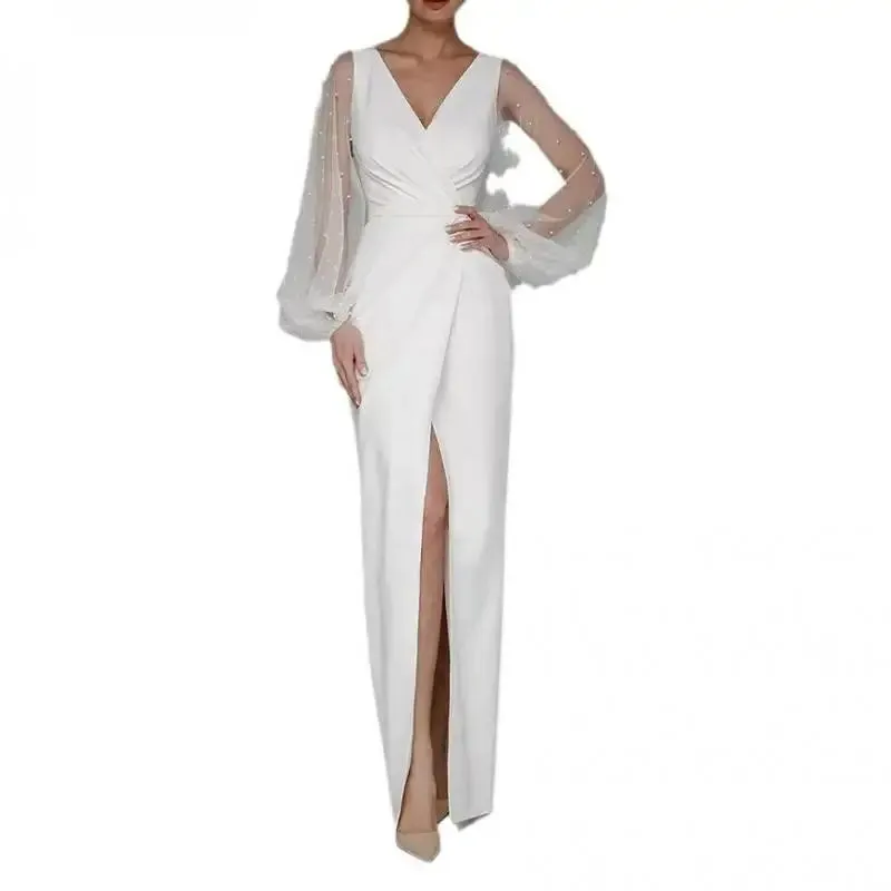 Wedding Dresses With Illusion Long Sleeve Classic V-neck Floor-length