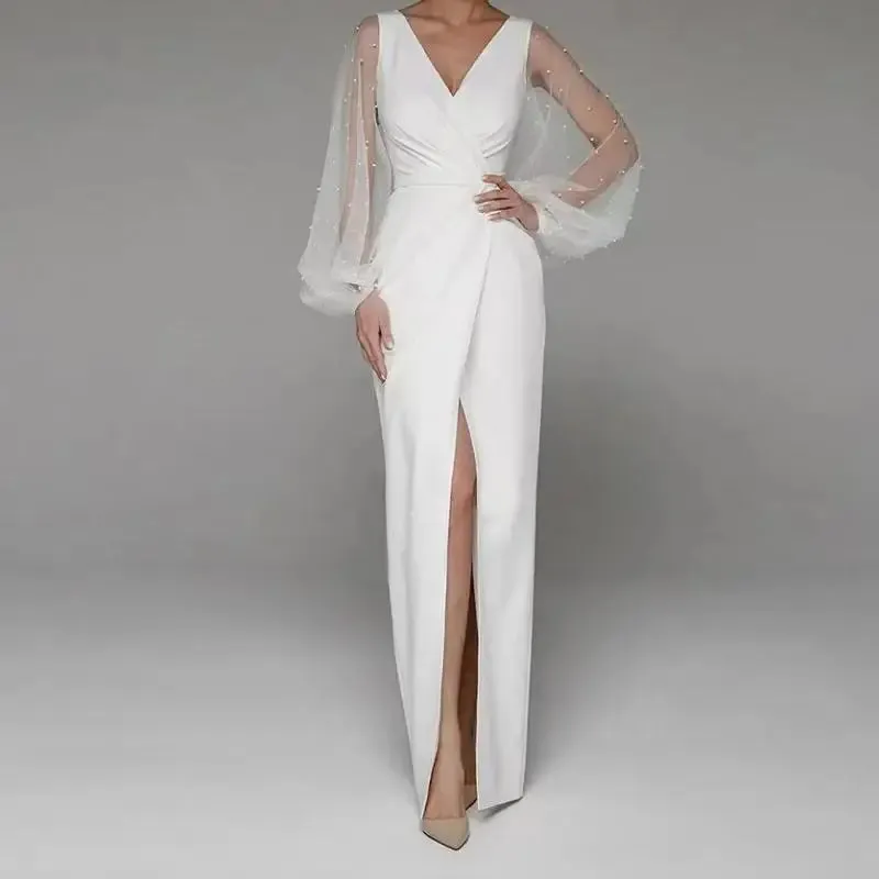 Wedding Dresses With Illusion Long Sleeve Classic V-neck Floor-length