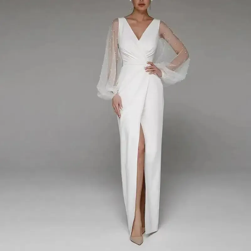 Wedding Dresses With Illusion Long Sleeve Classic V-neck Floor-length