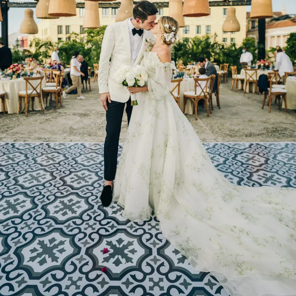 Wedding Guest Dresses: Floral Print Wedding Gowns Long Balloon Sleeves Organza