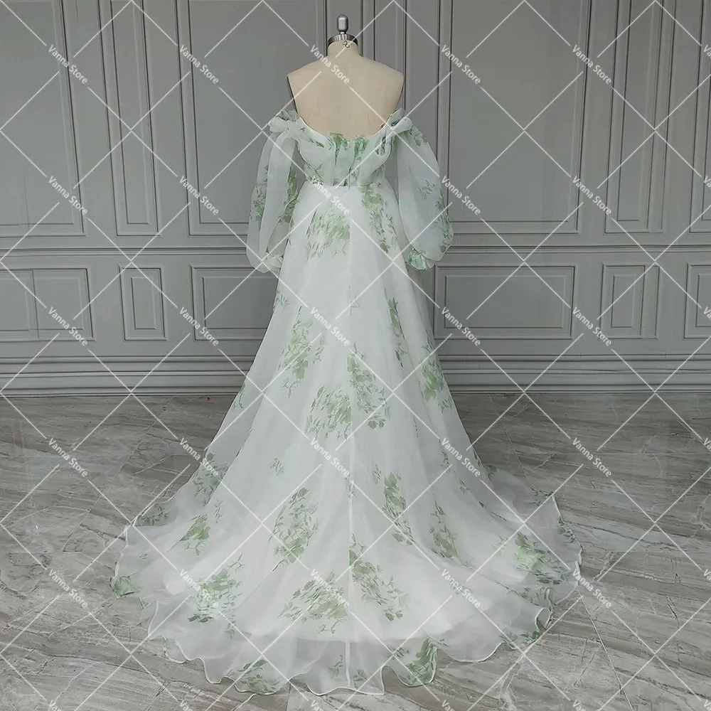 Wedding Guest Dresses: Floral Print Wedding Gowns Long Balloon Sleeves Organza