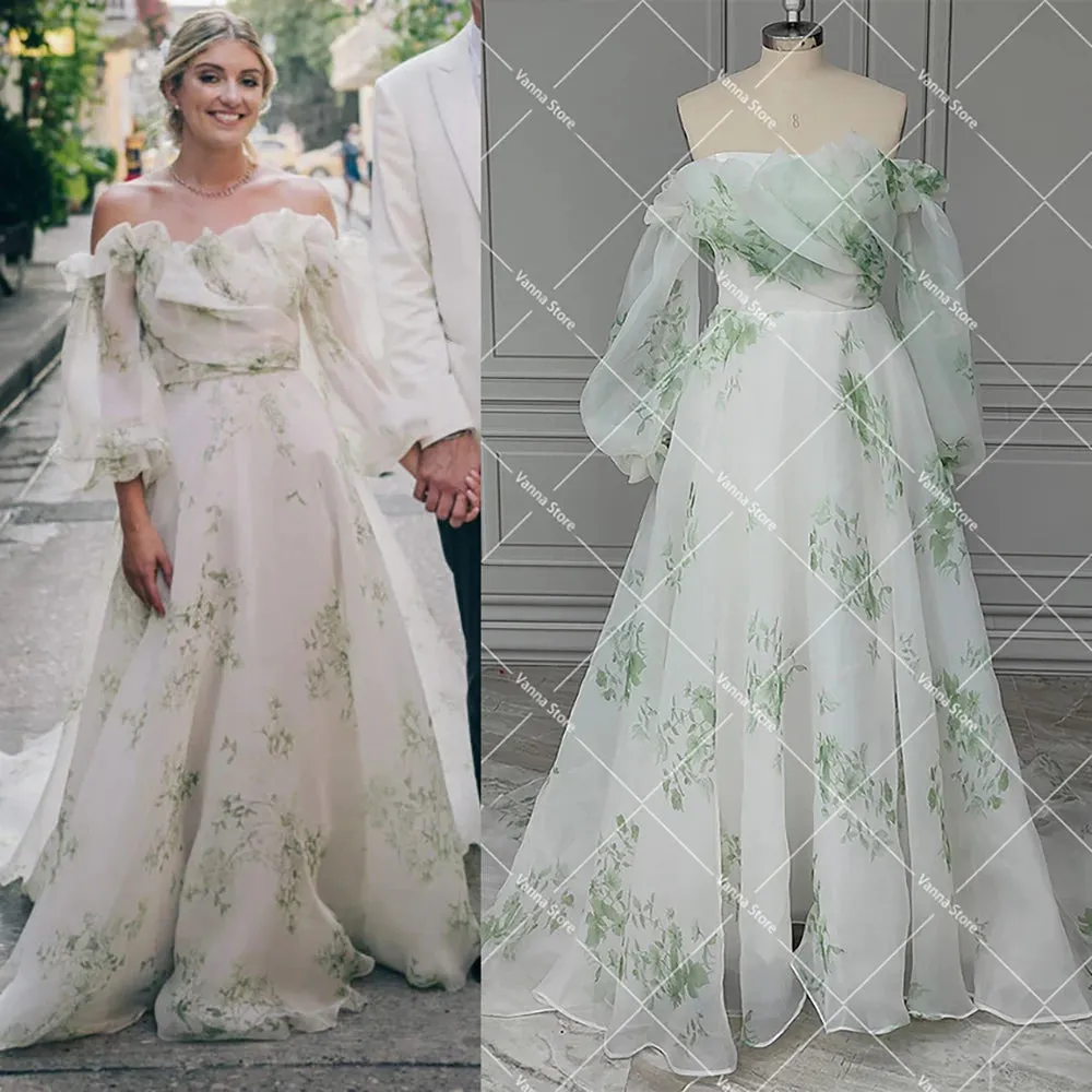 Wedding Guest Dresses: Floral Print Wedding Gowns Long Balloon Sleeves Organza