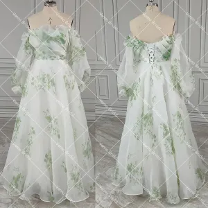Wedding Guest Dresses: Floral Print Wedding Gowns Long Balloon Sleeves Organza