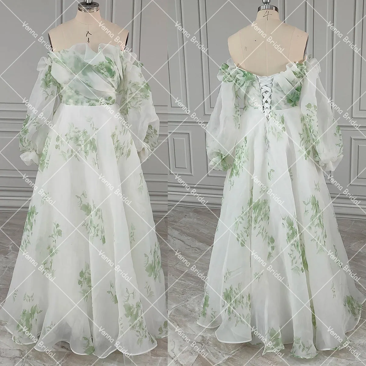 Wedding Guest Dresses: Floral Print Wedding Gowns Long Balloon Sleeves Organza