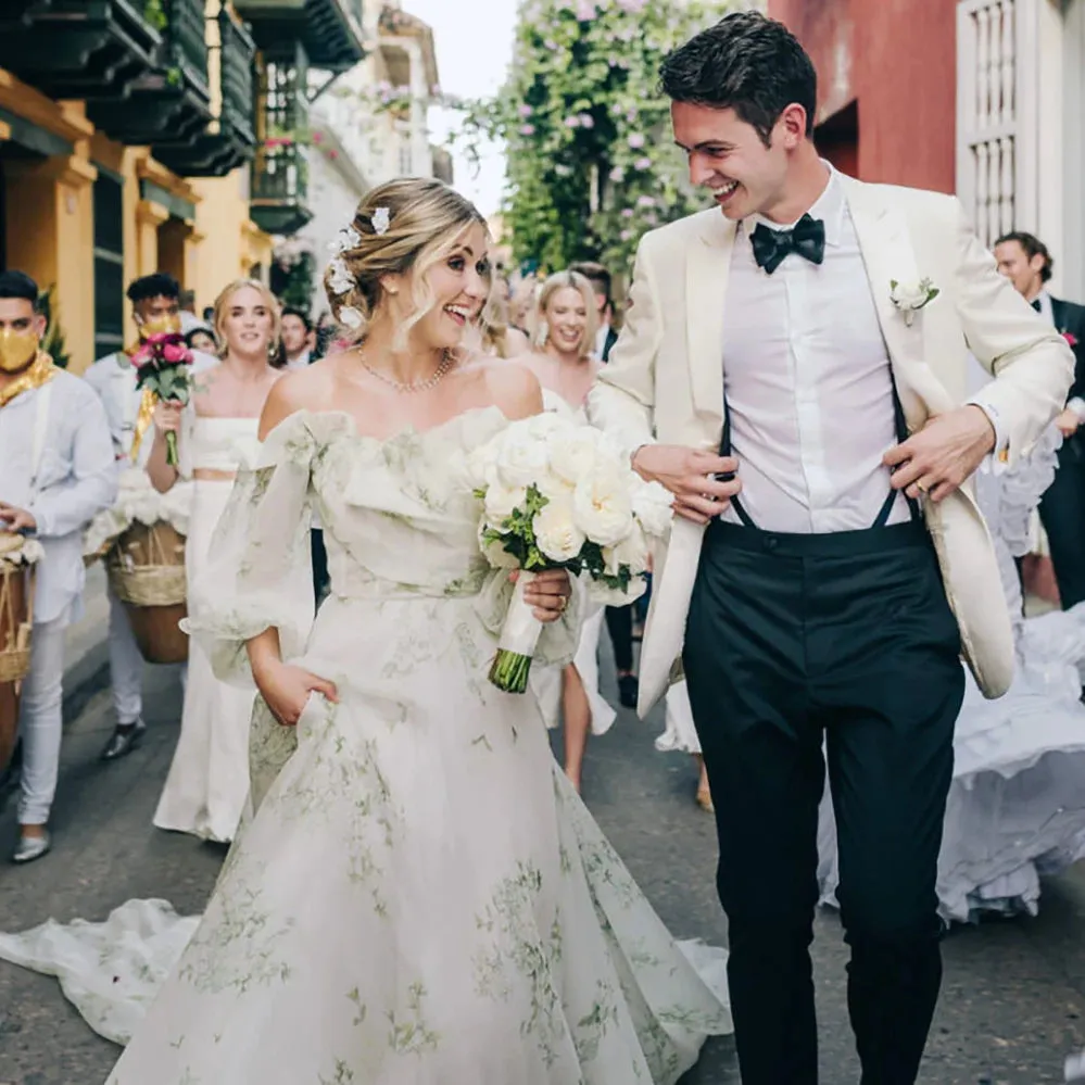 Wedding Guest Dresses: Floral Print Wedding Gowns Long Balloon Sleeves Organza