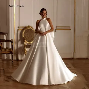 Wedding Guest Dresses: Neck Wedding Dresses Halter White/Ivory Satin Mermaid