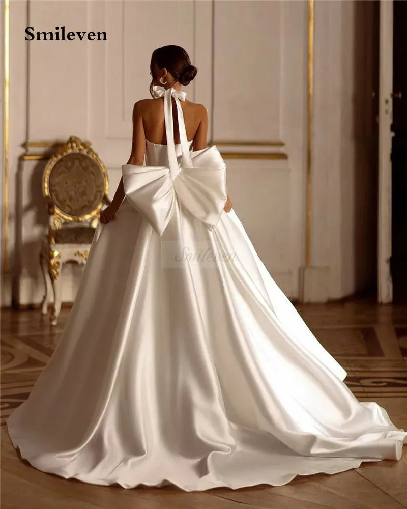 Wedding Guest Dresses: Neck Wedding Dresses Halter White/Ivory Satin Mermaid