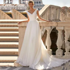 Wedding Guest Dresses: V-Neck Wedding Dress Cap Sleeves Pleats Organza Satin