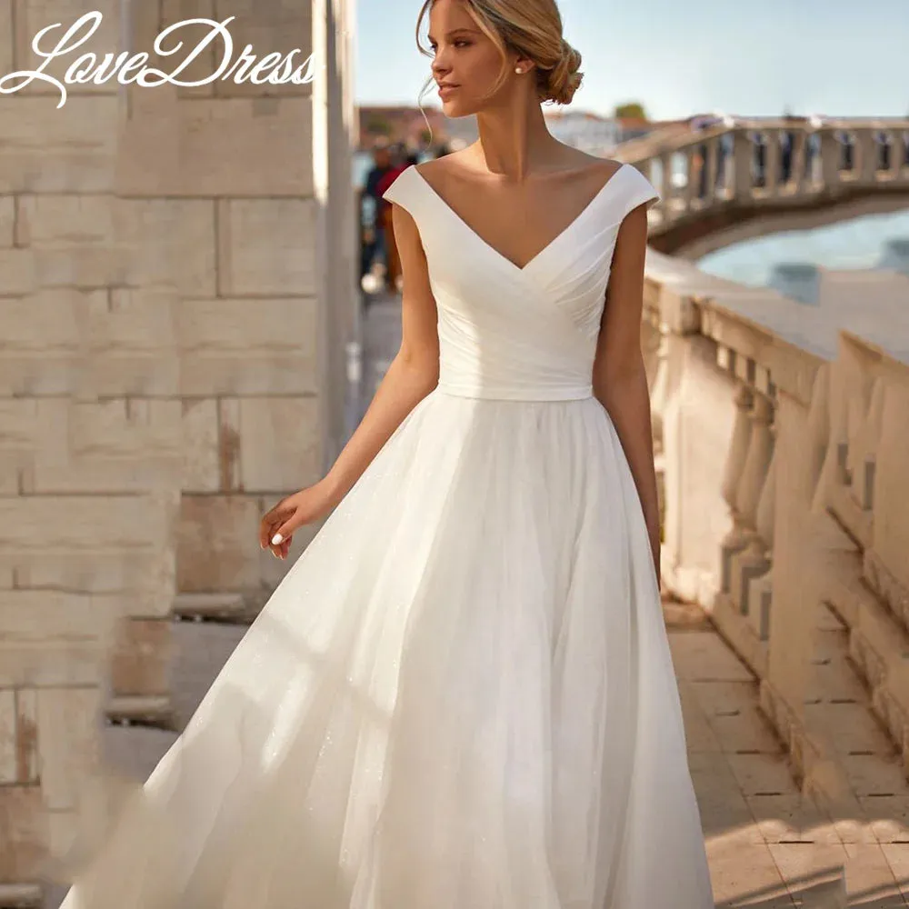 Wedding Guest Dresses: V-Neck Wedding Dress Cap Sleeves Pleats Organza Satin