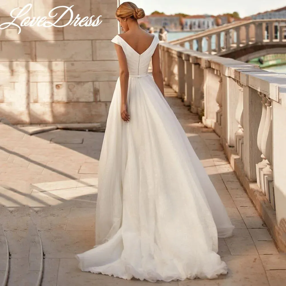 Wedding Guest Dresses: V-Neck Wedding Dress Cap Sleeves Pleats Organza Satin