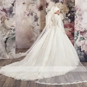 Wedding Guest Dresses: Wedding Dresses High Neck Long Sleeve Tulle Lace Applique