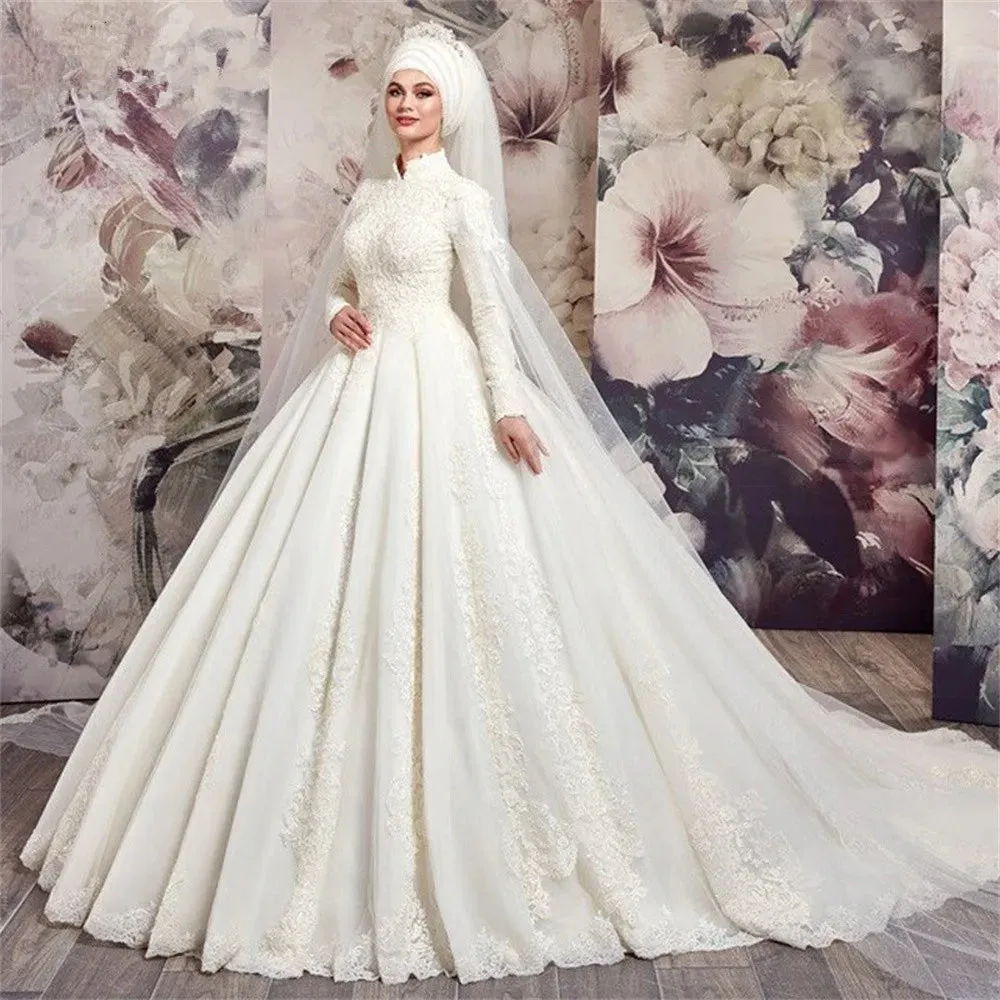 Wedding Guest Dresses: Wedding Dresses High Neck Long Sleeve Tulle Lace Applique