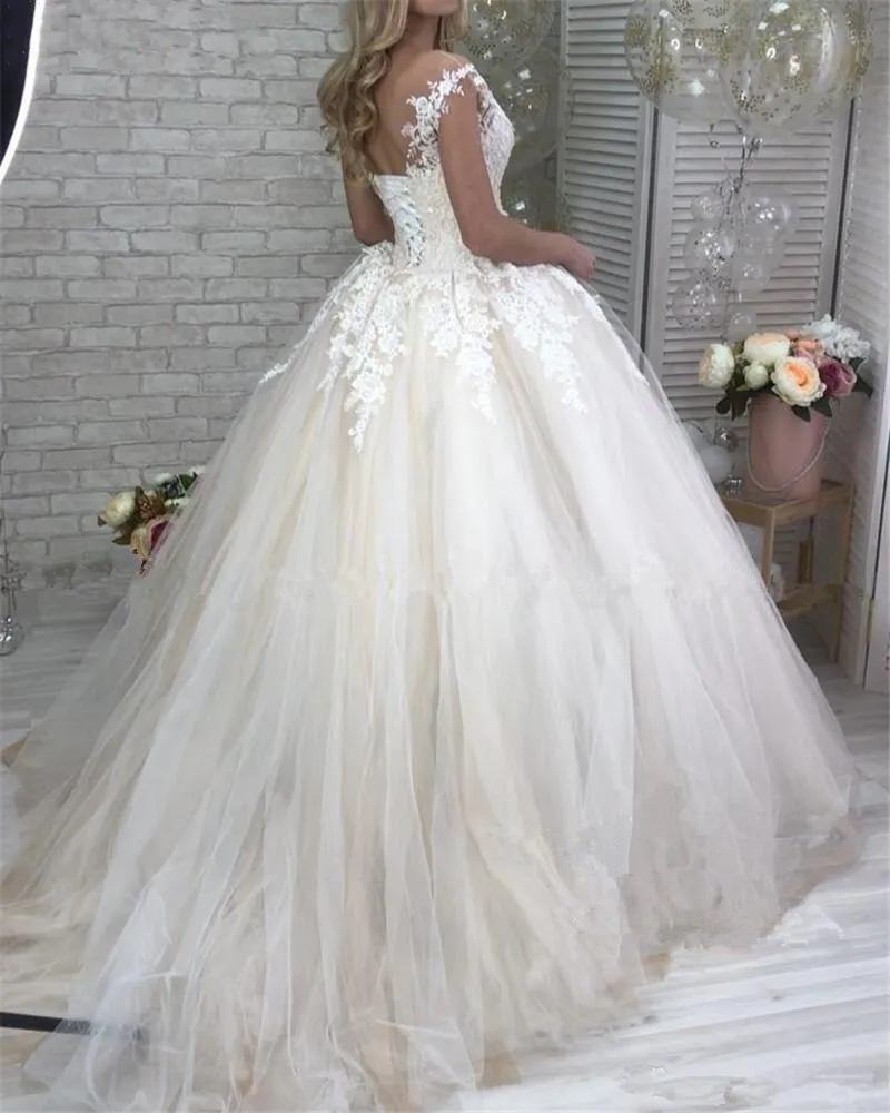 White Wedding Dress Bridal Tulle Deep V Neck